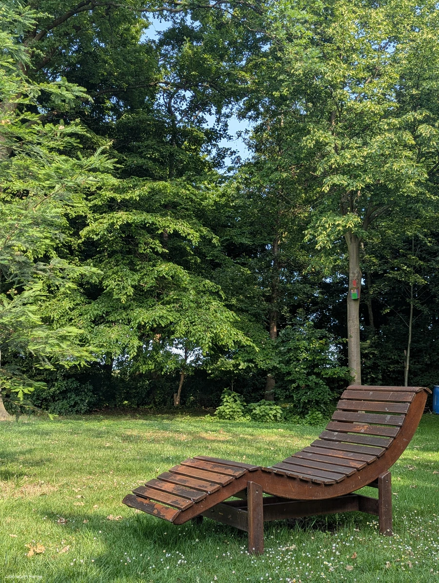 Eine Holzliege steht auf der Wiese im Vordergrund und im Hintergrund stehen einige Bäume